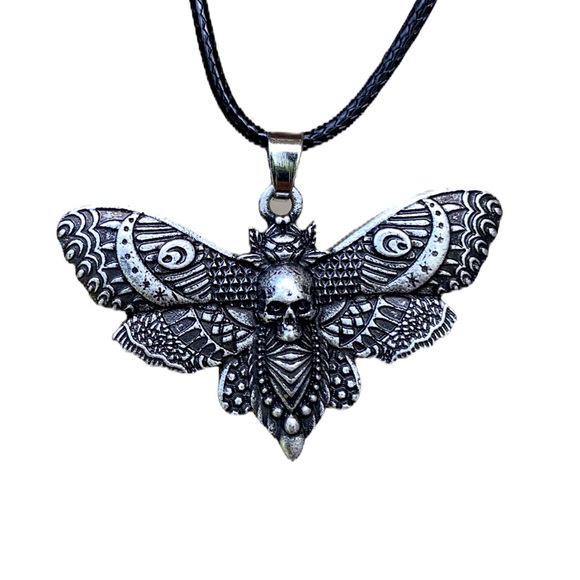 Moth with moon and skull design pewter necklace on leather cord boho goth - Picture 8 of 15